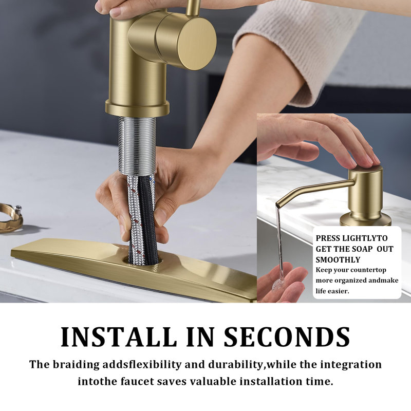 Kitchen Faucet With Soap Dispenser, Single Handle Pull-Out Faucet, Suitable For Kitchen Sink And Laundry Room., Gold
