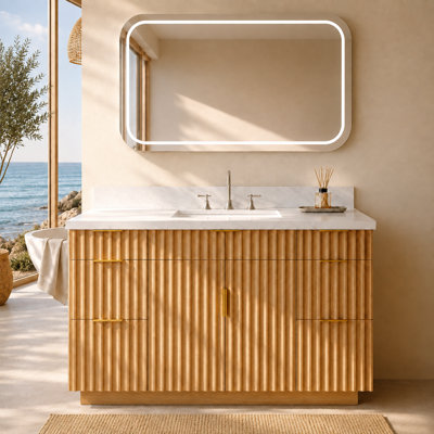 Meuble-lavabo simple 48 po avec comptoir en quartz, portes cannelées en chêne rouge massif et prises intégrées 48 po