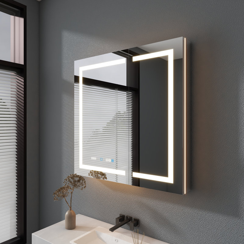 Pharmacie éclairée 36 "x 36" avec miroir, encastré ou en surface, porte gauche / droite, anti-buée, horloge, prise et USB