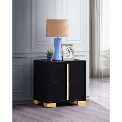 Deux tables de chevet noires avec accents dorés, style Art moderne pour le rangement dans la chambre à coucher, hauteur de 21,63 pouces, largeur de 21,79 pouces, profondeur de 16,43 po, glissières en métal d'ingénierie