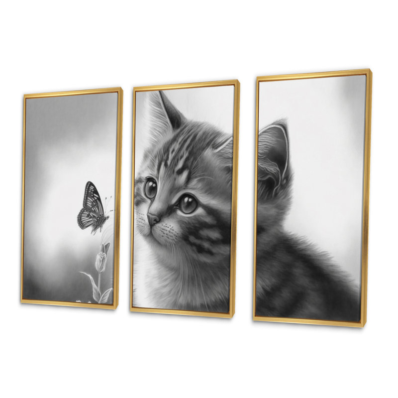 Dessin numérique d'un petit chaton avec un papillon I - animaux, art mural sur toile_80570, H 20 po x l 36 po x P 1 po