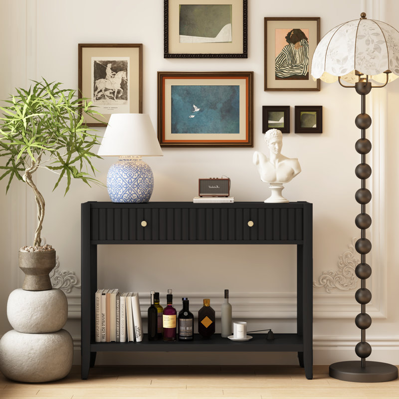 Narrow Wood Console Sofa Table With Drawers And Storage Shelf For Entryway, Hallway, Living Room, Black | Gift Idea