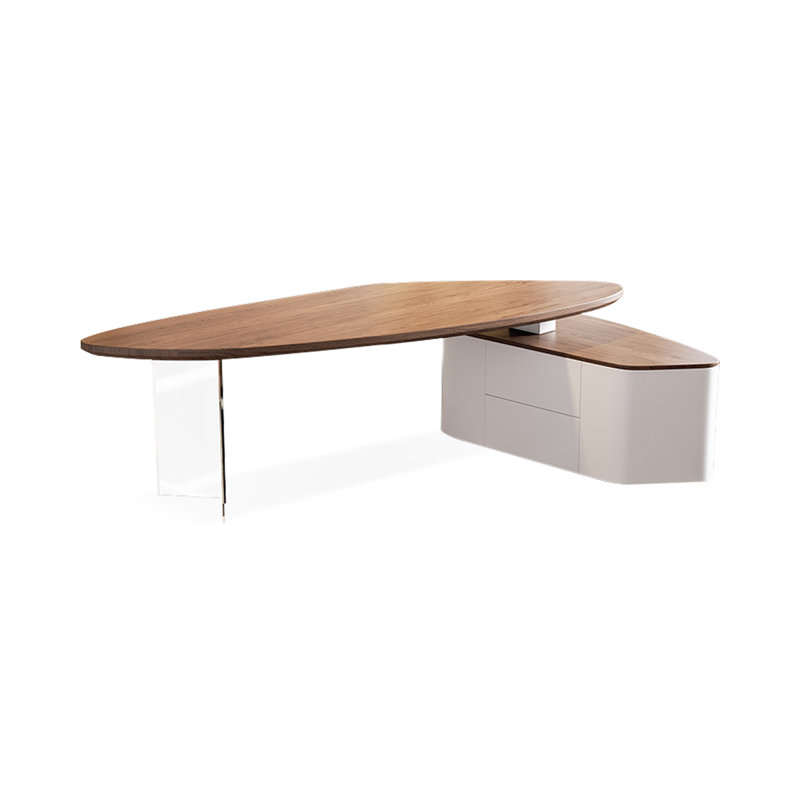 Bureau à 2 tiroirs brun noisette + blanc-uni de forme libre + bois manufacturé + acrylique, Retour à droite