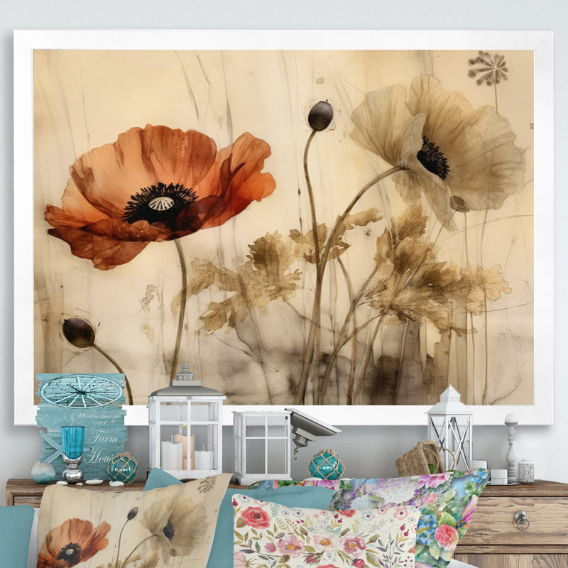 Brilliant Poppies II - art mural floral, Cadre simple blanc, H 30 po x l 40 po x P 1,5 po