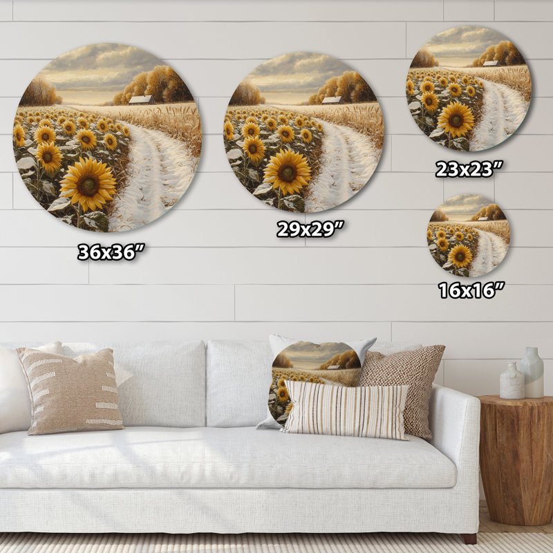 Tournesols le long du chemin enneigé I - Art mural traditionnel en métal jaune, H 29 po x l 29 po