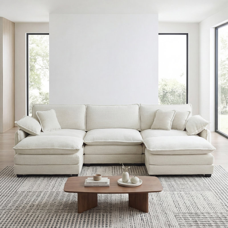 Oversized Modular Cushioned Sofa With Conversible Ottoman, 3-seater Sofa With 2 Footstools, White