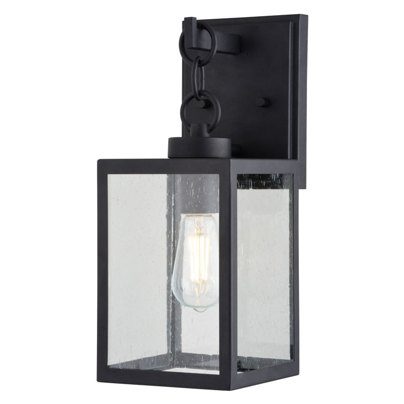 Christianne 14.5 in. H 1-Light Textured Black Transitional Outdoor Wall Sconce made of Durable Metal, Clear Seeded Glass Shade, LED Compatible, Use for Exterior Porch Patio Front Door or Garage