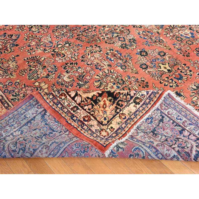 10'3"x13'5" Coral Pink, Antique Persian Sarouk, 100% Wool, Hand Knotted, Thick and Plush, Full Pile, Soft and Clean, Oriental Rug