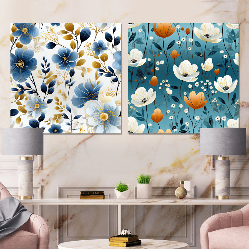 Tyngsborough - Ensemble de salon mural floral 2 pièces, Toile tendue, H 16 po x l 33 po x P 1 po
