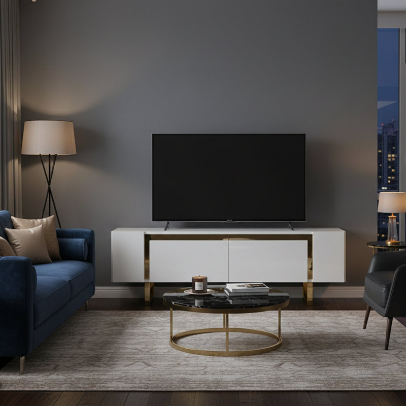 Metal Legs Unique TV Stand For Tvs Up To 78'' With Reflective Stripe, White/Gold