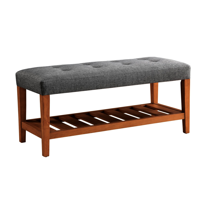 Gray Fabric & Oak Finish Lounge Bench - 40" Seat Width Comfortable Seating Wooden Slatted Shelf For Storage Modern Living Room Accent With Wide 16" Deep 8"