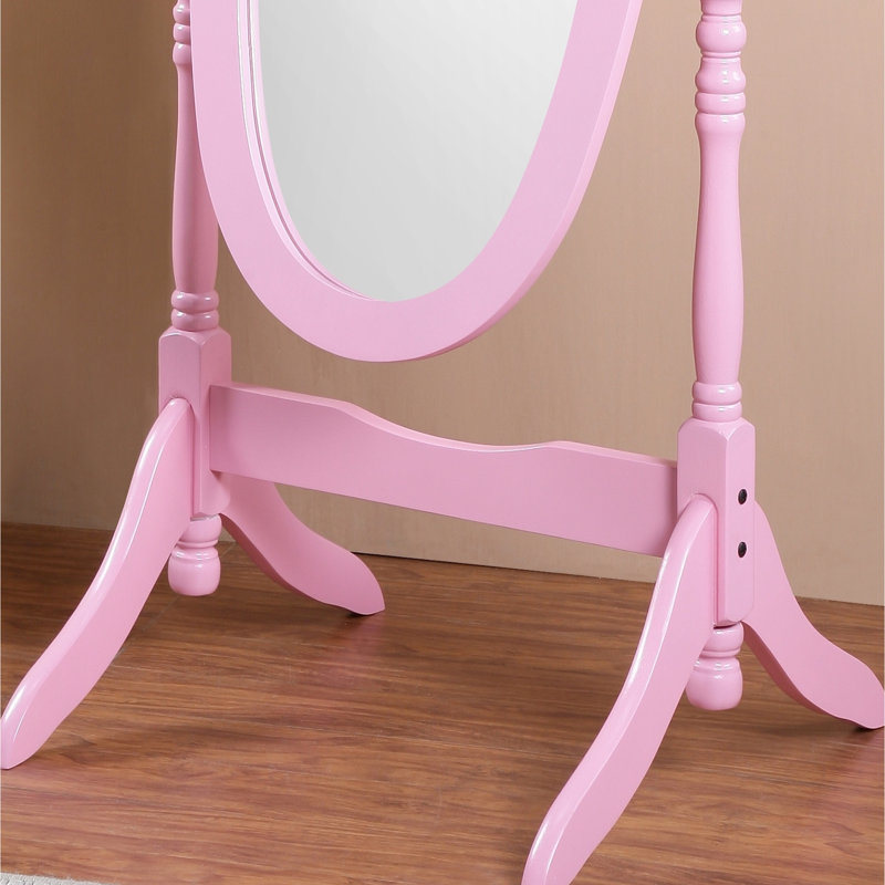 Miroir à finition rose avec support en bois - reflet du corps, fonction d'inclinaison, bois traditionnel élégant sur tout le corps autoportant, pieds courbés