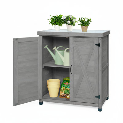 Banc d'extérieur en bois massif avec armoire de rangement et plateau de table en métal Fritz