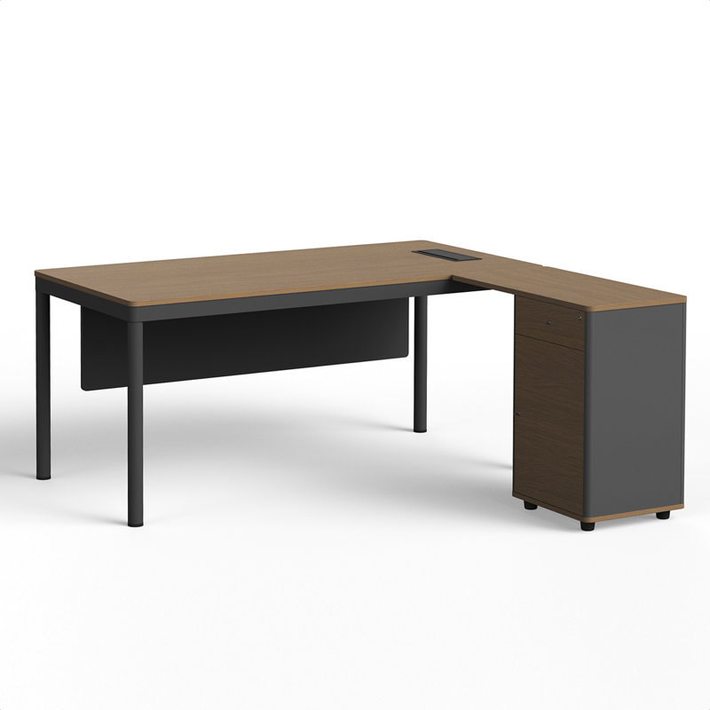 Bureau de direction moderne en L avec armoire de rangement et tiroir