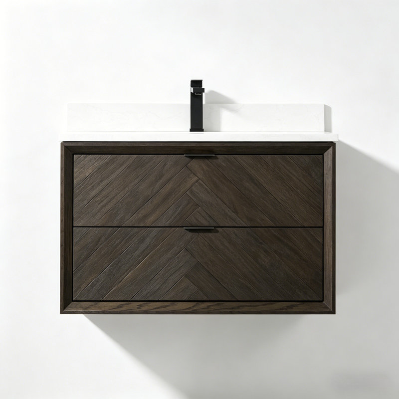 36" Transitional Floating Medium Wood Bath Vanity with Engineered Marble Top, Brown