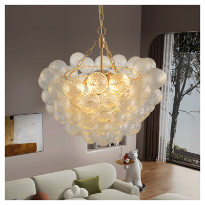 Lustre moderne en grappe dorée avec globes en verre transparent fileté - Luminaire suspendu réglable pour salle à manger et chambre à coucher