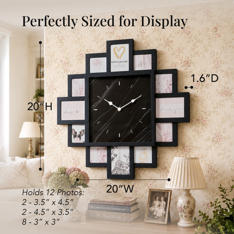 Horloge murale collage photo en marbre noir 50 x 50 cm, cadre photo style ferme noir pouvant contenir 12 photos, fonctionne à piles, idéale pour décorer une chambre de bébé, une chambre d'enfant, un salon ou pour créer des souvenirs de famille.