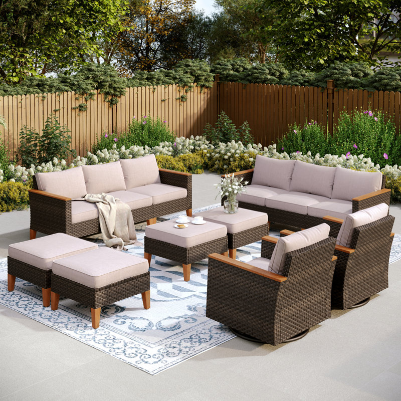 Argyri Outdoor Wicker Patio Conversation Furniture Set With Swivel Chairs