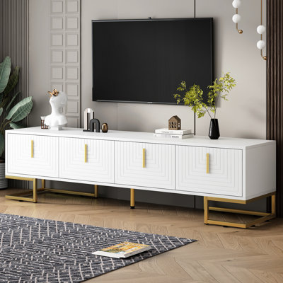 Meuble télé blanc et doré avec armoires réglables, tablettes de 80 po avec pieds en métal, poignées modernes, tablettes d'armoire