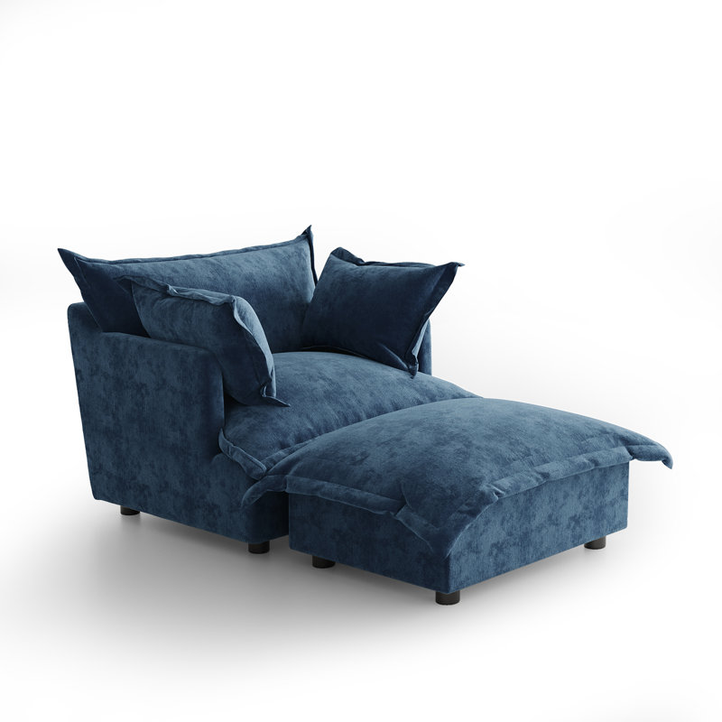Plush Navy Upholstered Chenille Accent Chair with Oversized Cloud Cushions and Movable Ottoman, Navy