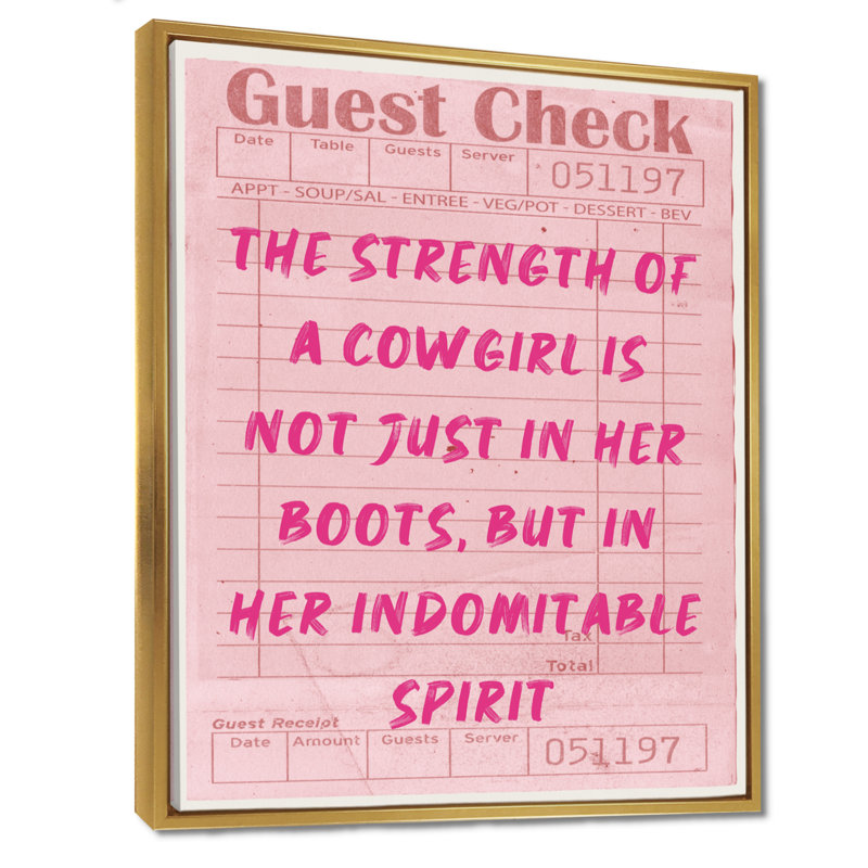 «Force of Cowgirl Is Her Spirit Check» - art mural Cowgirls, Toile avec cadre flottant or, H 32 po x l 24 po x P 1 po