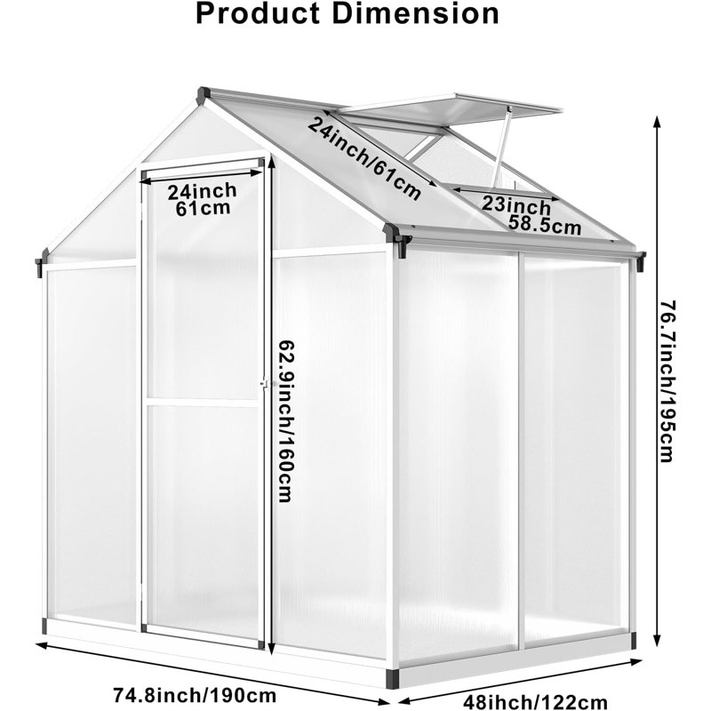1.9x1.22 M Greenhouse for Outdoors, Polycarbonate Greenhouse with Quick Setup Structure and Roof Vent, Aluminum Large Walk-in Greenhouse for Outside Garden Backyard