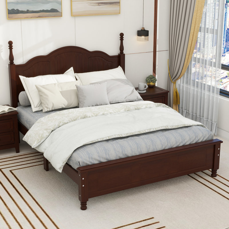 Cadre de lit plateforme en bois, lit plateforme de style rétro avec support en lattes de bois,, Lit double, Noyer
