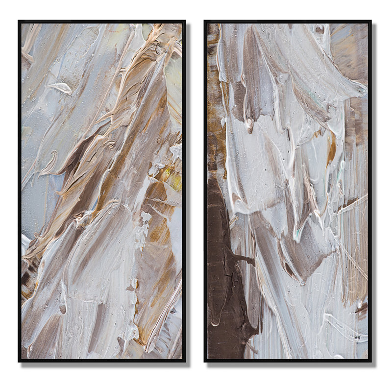 «Abstract Beige Brown Brush», ensemble de 2 peintures sur toiles, H 40 po x l 40 po x P 1 po, Cadre flottant noir