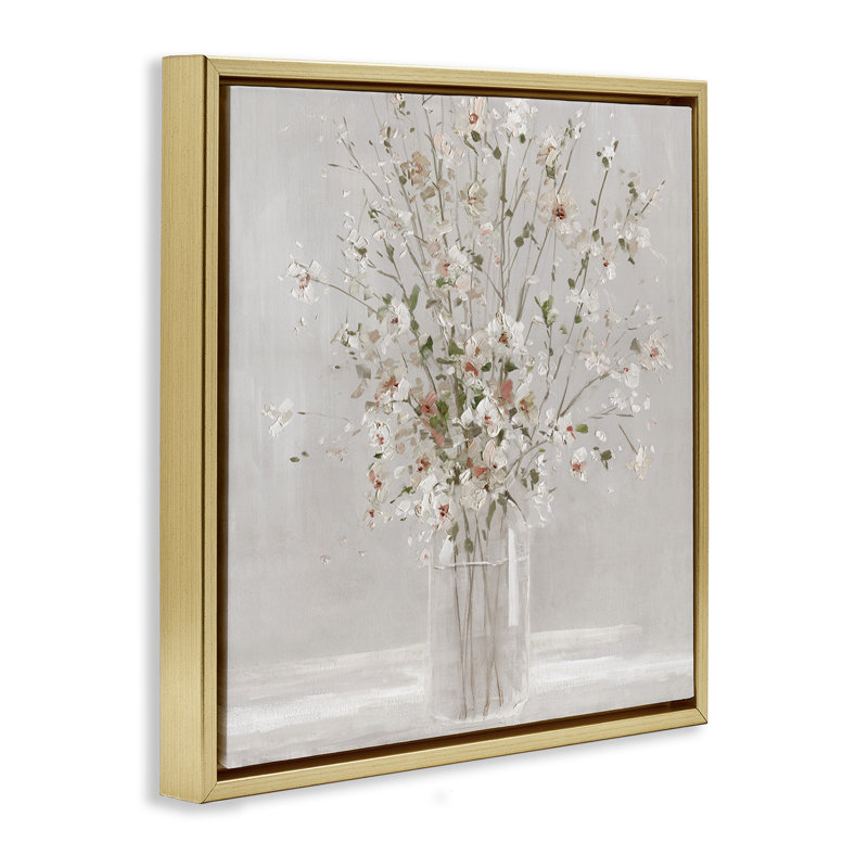 Neutral Flower Vase Arrangement, 18" H x 18" W, Metallic Gold Floater Frame