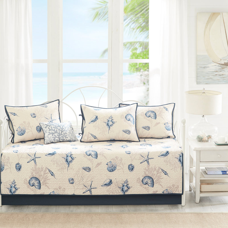 Literie pour lit de jour simple bleu, housse de lit réversible en microfibre de 6 po, 17 po, 15 taies décoratives, 3 taies décoratives, 1 coussin décoratif, décor de salon chic côtier, ensemble lavable à la machine, taille imprimée, attrait décoratif