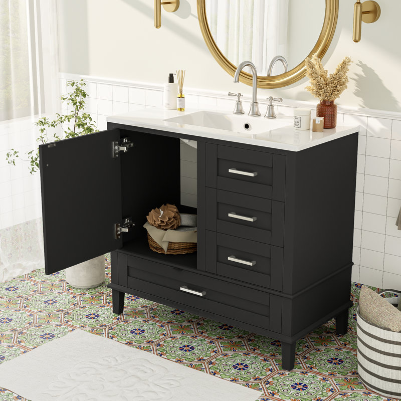 36" Bathroom Vanity with Solid Pine Frame, Black