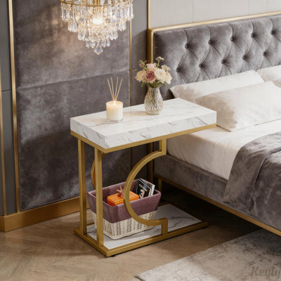 Table de bout semi-circulaire en faux marbre avec cadre doré et table en C