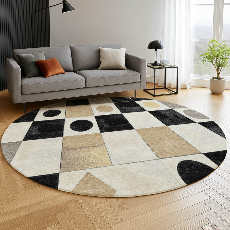Tapis géométrique lavable à la machine de qualité supérieure Mayfield, Rond 8 pi, Noir