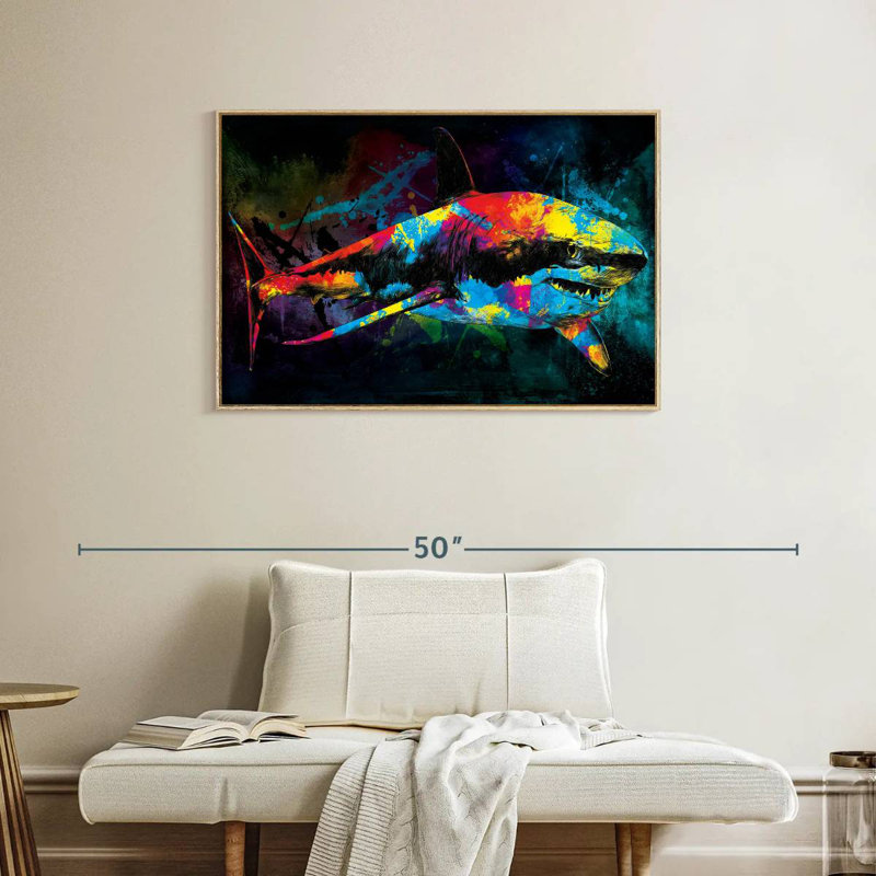 Grand requin blanc couleur grunge, Cadre flottant en bois naturel, 37 po x 25 po