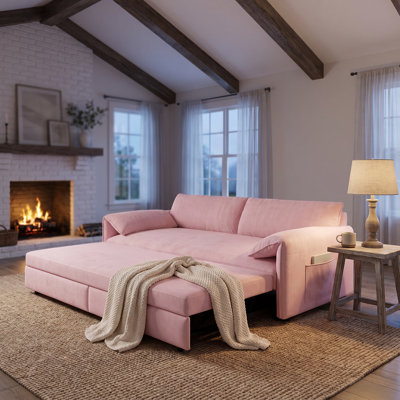 66" Velvet Queen Pull-Out Sleeper Sofa, 3-in-1 Convertible Loveseat Bed with Side Storage