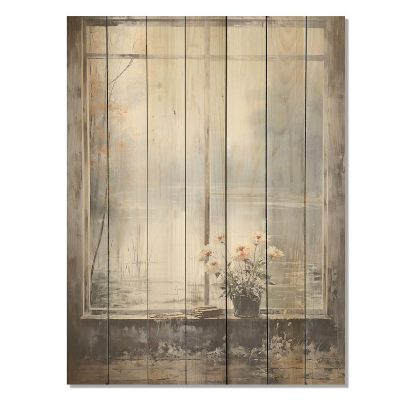 Fenêtre grise brumeuse avec vue sur la rivière II - Fenêtres de ferme sur impression sur bois, H 40 po x l 30 po