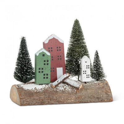 House & Tree Scene On Log Figurine