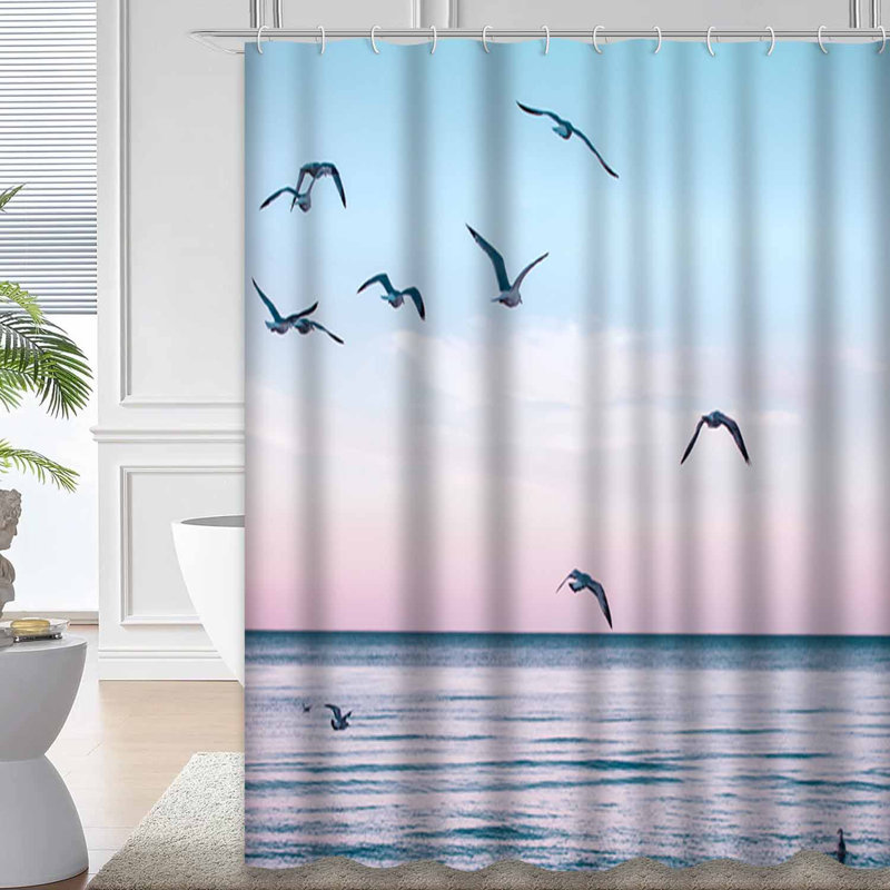 Seagulls Flying Sunset Summer Retro Shower Curtain with 12 Hooks, 78" L x 72" W