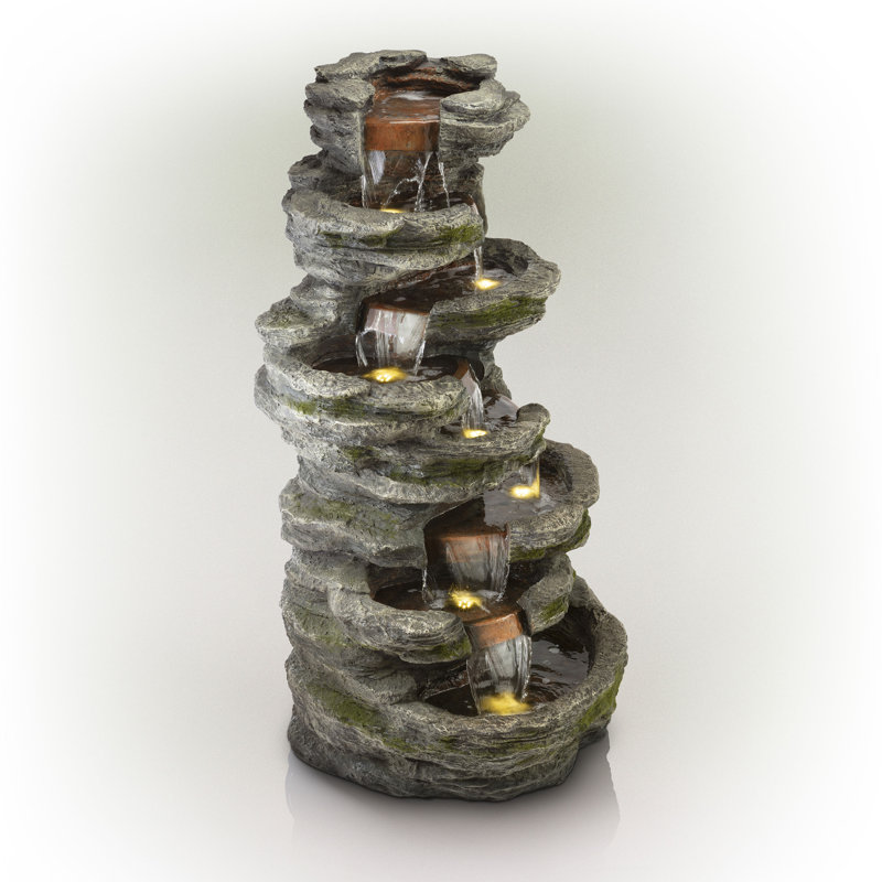 8-Tier Outdoor Rock Water Fountain with LED Lights, 58", Gray