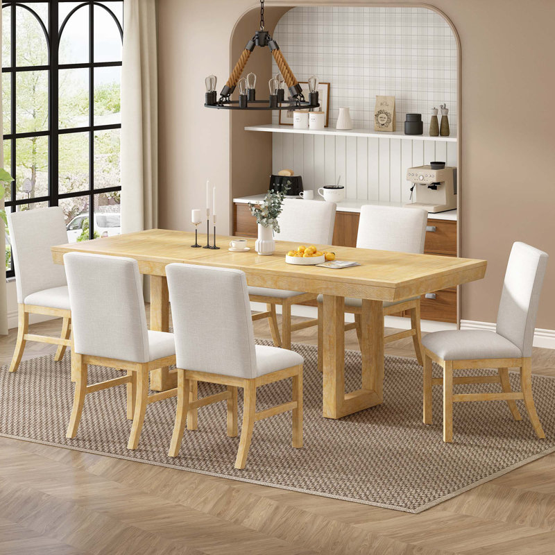 Table de salle à manger extensible 7 pièces Traditional avec rallonge papillon 12 po et 6 Chiars, Naturel, Naturel