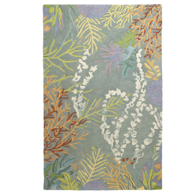 To Bay Go Floral Handmade Tufted Wool Area Rug in Blue/Green/Gray