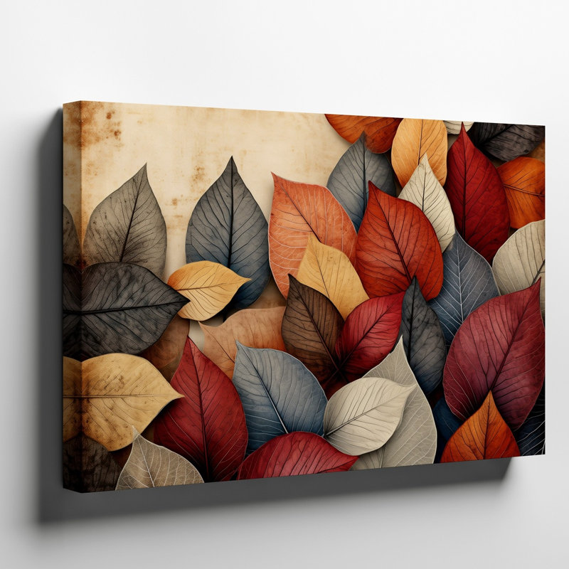 Toile, fond richement texturé présentant un ensemble de feuilles vibrantes, rouge foncé oranges brûlées, H 9 po x l 12 po
