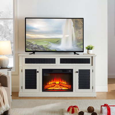 Meuble télé embossé avec foyer de 23 po, console télé et média avec espace de rangement ouvert et fermé et porte coulissante pour le salon et la chambre à coucher, l 58,27 po x l 15,35 po x 31,7 po