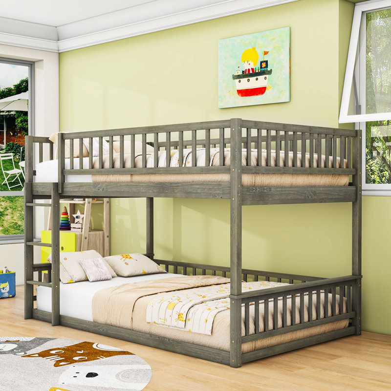 Queen Over Queen Bunk Bed With Guardrails, Gray