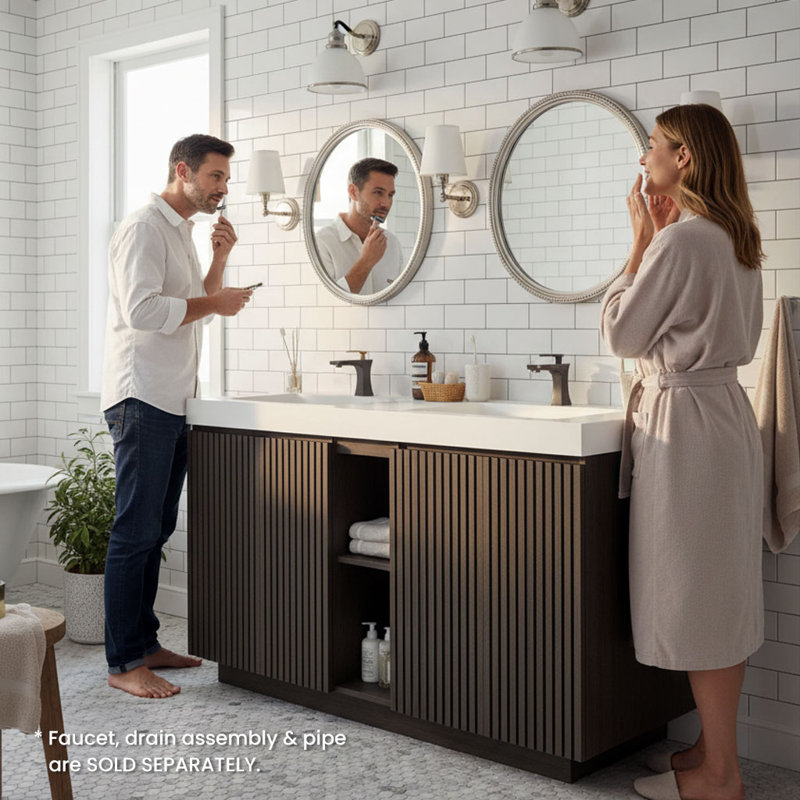 Bathroom Vanity with Solid Surface Top, 60", Single-Hole, White/Dark Brown