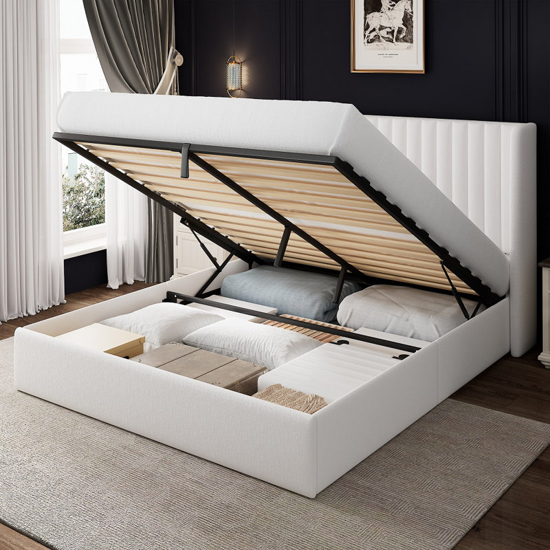 Lift Up Storage Bed With Wingback Headboard, Upholstered Platform Bed Frame With Hydraulic Storage, Linen Fabric, No Box Spring Needed