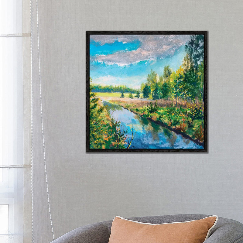 River In Spring Green Forest by Valery Rybakow - Painting on Canvas, Black Framed Canvas, 93.98 cm H x 93.98 cm W