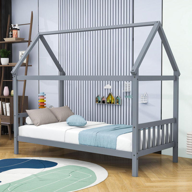 Twin Wooden House-Shaped Bed With Slats, Light Gray