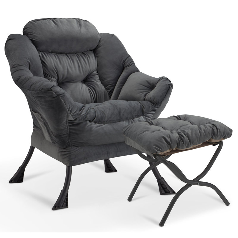 Lazy Chair With Folding Ottoman,Thick Padded Modern Accent Armchair,Upholstered Leisure Sofa Chair With Armrest,Reading Chair With Footstool For Bedroom,Living Room
