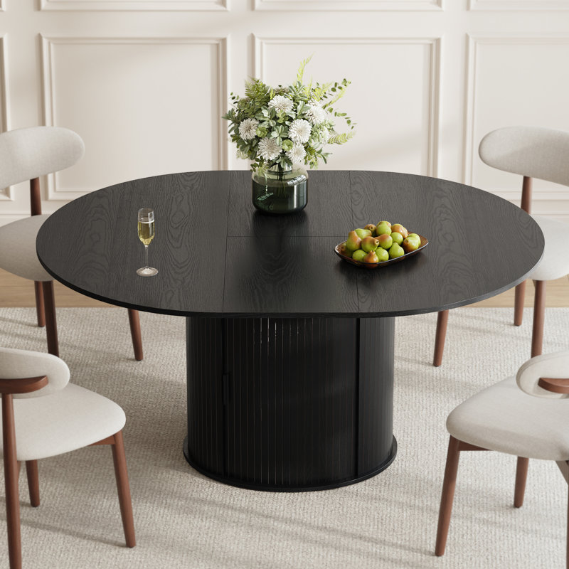 Table de salle à manger moderne extensible pour 4 à 6 personnes avec rangement caché, plateau de table ovale pliable et finition grain de bois